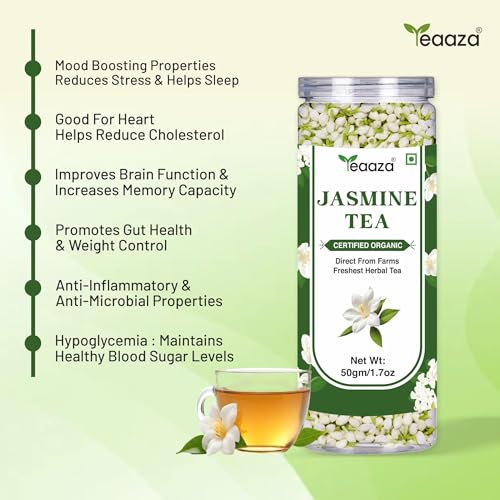 Image of Teaaza Jasmine Tea - 50gm - 50 Cups | Sun dried Jasmine Flowers For Stress Relief, Improved Heart Health & Weight Management | Caffeine Free - Herbal Tea - Flower Based | Jasmine Flower Tea