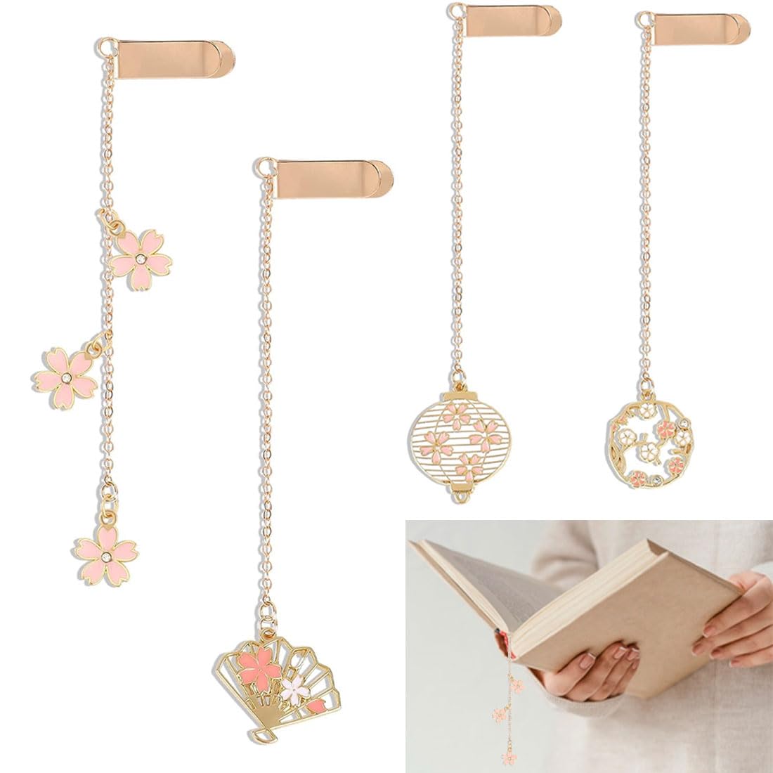 PSOWQ Marcapaginas Metal, Diseño Creativo Elegante con Colgante 4Pcs Marcapaginas Personalizado, Marcapáginas Vintage para Mujeres Hombres Profesores Niños Lectores, Hermoso Marcadores Libros, Oro