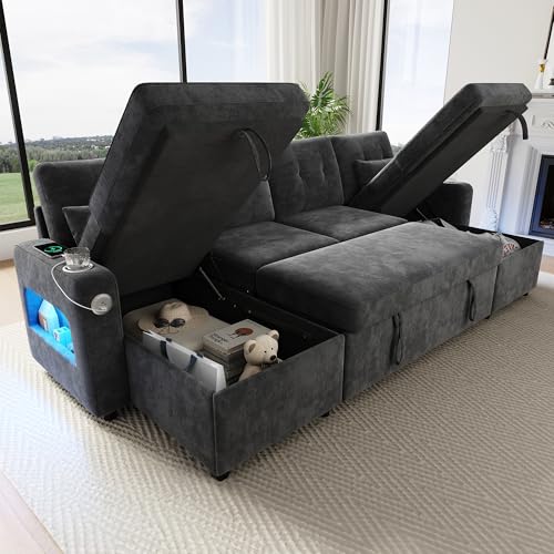 Sapgaks Canapé d'angle Convertible avec USB et LED,canapé Convertible 4 Places,Canapé lit d'angle avec Fonction Sommeil,canapé 4 Places gigogne en U,avec...