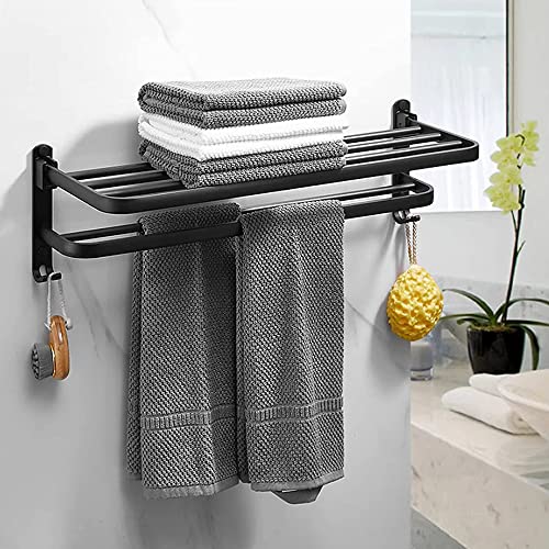 Porte Serviette Salle de Bain, Barres Porte-Serviettes, Porte Serviette Murale Salle de Bain pour Cuisine Salle de Bains Hôtel, Perforation ou Viscose (Noir-60 * 21 * 17CM)