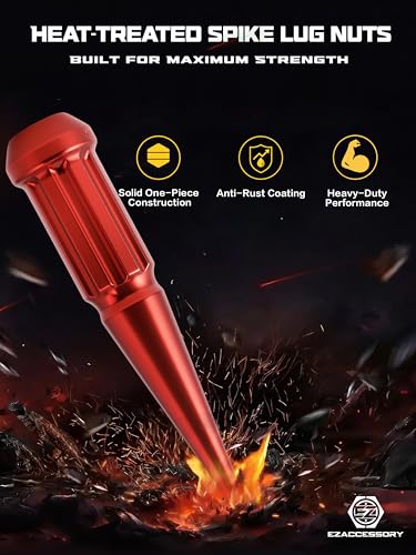 Image of EZAccessory 14x1.5 Spline Spike Lug Nuts 24 Pieces Red with Key Bulge Acorn Lug Nut for Chevy Silverado GMC Sierra 1500 2500 3500