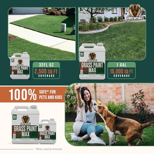 Image of PetraMax Max Grass Paint for Lawn - Maintain Perfect Green Grass, Spray for Lawn & Shrubs Green Spray, Paint Pair with Petra Sprayers - Touch up Dog Spots - Non-Toxic Safe for Pets (Premium, 1 Gal)
