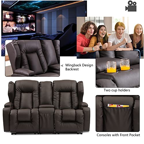 Image of IPKIG 65.3 inch RV Loveseat Recliner Sofa with Storage Console, Leathaire Fabric Wall Hugger Reclining Chair with Cup Holders and Side Pockets, Home Theater Seating Manual Recliner for Living Room (Brown)