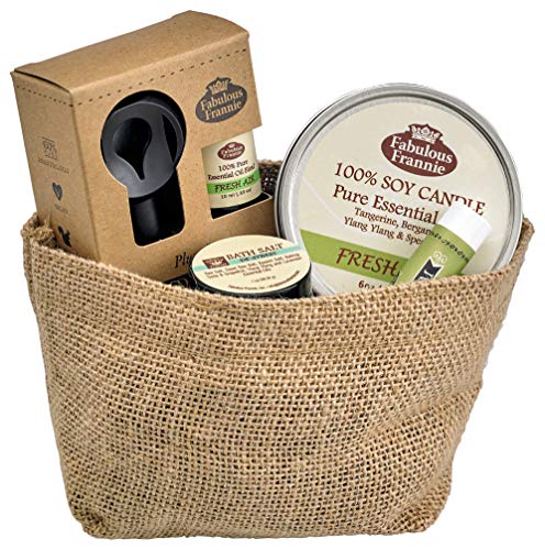 Fabulous Frannie All Natural Fresh Air Gift Basket includes 6oz Candle, 1oz Bath Salt, Lip Balm, and Car Diffuser with 10ml Pure Essential Oil Blend.