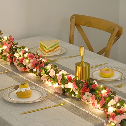 Bleum Cade 2 Pcs 16.4Ft Flower Garland Artificial Rose Vines With 16.4Ft String Lights, Fake Flower Vines Garland Decorations For Wedding Party Valentines Day Christmas Wall Room Decor Aesthetic #TOP2