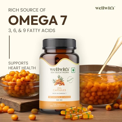 Image of Wellwith (Ayuzera) Sea Buckthorn Berry Oil Vegan Omega 7 500mg, 30 Veg HPMC Capsules (Pack of 1), 15-Day Supply| Sea buckthorn capsules rich In Omega 3, 6, 7 & 9 For Muscle, Bone, Heart & Skin