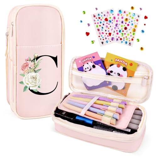 Image of Preppy Pencil Case for Girls, Cute Large Pencil Pouch, Personalized Initial Pencil Bag with Zipper for School College Office Supplies, Back to School Supplies Gifts for Teen Girls (C, Pink)