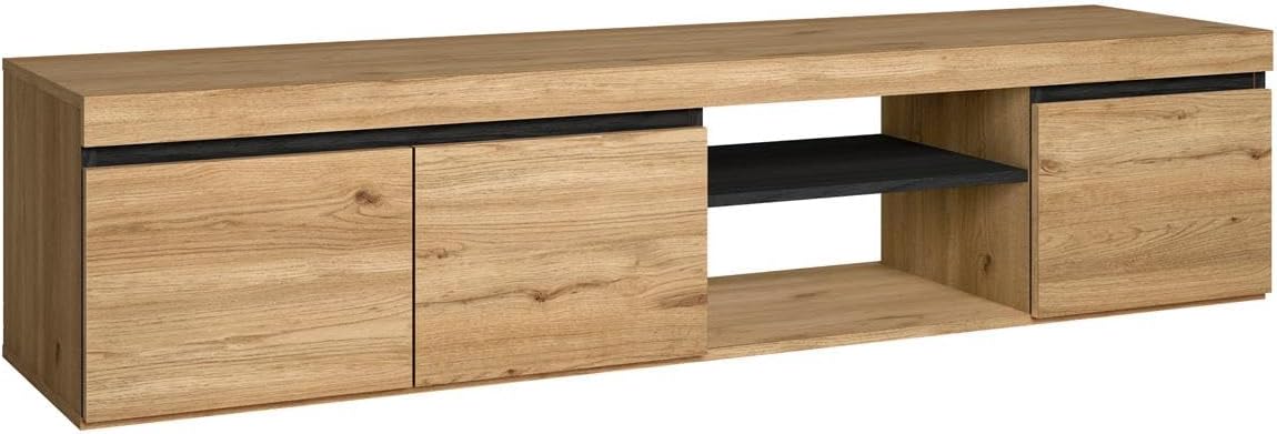Skraut Home Mueble TV Modelo Naturale 160 x 40 x 41 cm Mueble Auxiliar 3 Puertas y 1 Balda Central Estilo Nórdico Melamina Roble y Negro