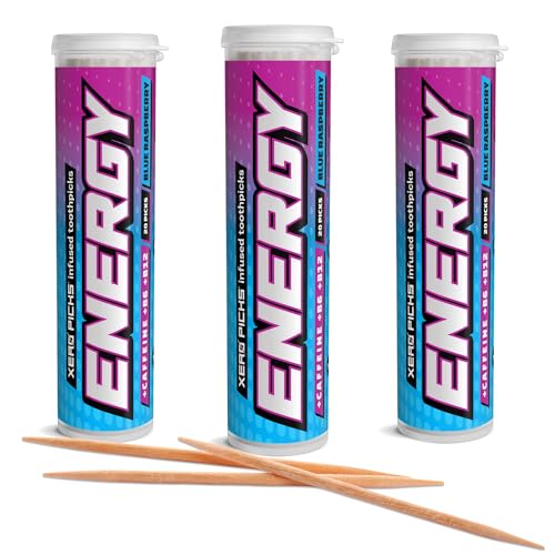 Image of Xero Picks Energy Caffeine Flavored Toothpicks B12 for Focus & B6, 60 Picks (Pack of 3) (Blue Raspberry) Sugar-Free Alternative to Energy Mints & Gum - Kosher