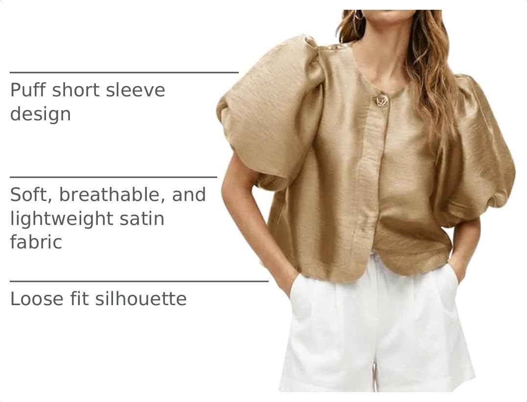 Cicy Bell Womens Silk Satin Shirts Puff Sleeve Button Down Dressy Blouses image 4