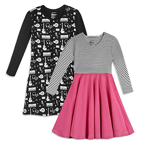 Mightly Girls' Long-Sleeve Dresses | Organic Cotton Fair Trade Certified 2-Pack Toddler and Kids Clothes Set, Pink, Black, 2T