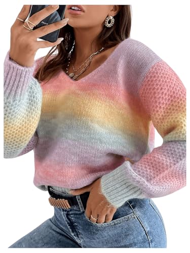 GORGLITTER Women's Oversized Colorful Striped Sweater Cute Long Sleeve Fall Chunky Knit Sweater Tops 20253