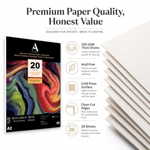 Image of ArtRight Mixed Media Cartridge Paper A2 300 GSM - 20 Drawing Sheets for Artists, Ideal for Charcoal, Graphite, Acrylic, Watercolor, Gouache, Ink, & Other Mixed Media