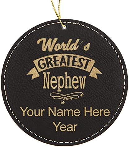 LaserGram Personalized Christmas Ornament, World's Greatest Nephew, Faux Leather, Custom Laser Engraved Gift Idea (Round Shape, Black with Gold)