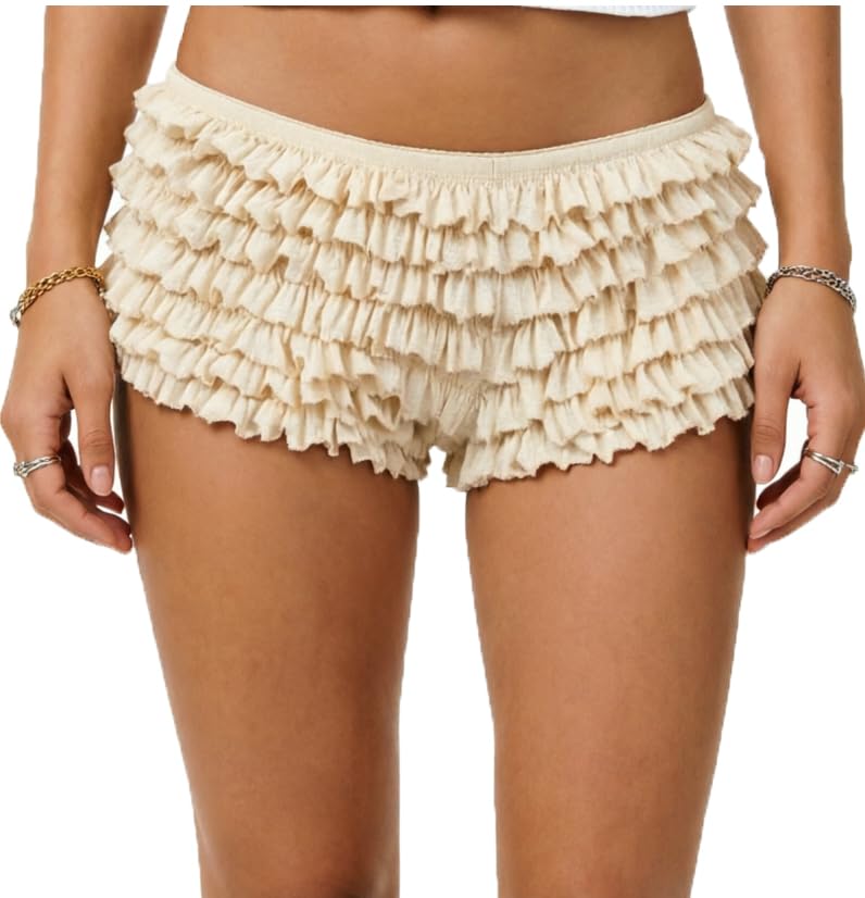 Image of Yiulangde Women Lace Bloomers Layered Ruffle Mini Shorts Y2k Pettipants | Shorts Women,Lolita Ruffled Bloomer Shorts for Under Skirts,Fluffy Booty Shorts,Rave Boy Short Panties,Going out Bottoms