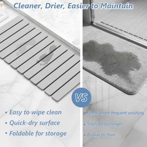 Image of AWW Foldable Stone Bath Mat, Diatomaceous, 31.5 inchx15.7 inch, Light Grey | Quick-dry surface, super absorbent, easy-clean finish, non-slip mat included, and compact storage for small bathrooms