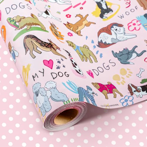 Flyhill Reversible Dog Wrapping Paper Roll Pink & White Adorable Puppies Bone Paw Print Polka Dot Gift Wrap Suitable for Birthday Baby Shower Party Mini Roll (17 Inch x 16.5 Feet)