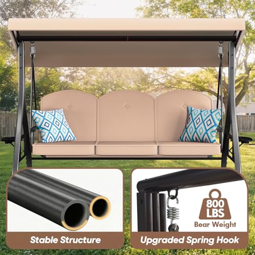 Image of ZZW 3 Seat Outdoor Porch Patio Swing with Stand 800lbs 2-in-1 Convertible Swing Bed with Adjustable Canopy & Removable Cushion for Yard Garden Deck (Khaki, Square Tube)