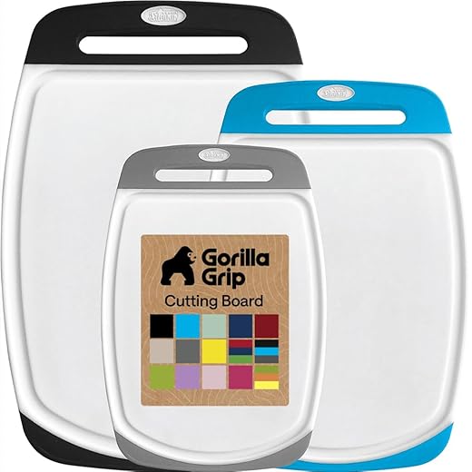 GORILLA GRIP BPA-Free Reversible Kitchen Cutting Board Set of 3, US Designed, Nonporous, Juice Grooves Catch Liquid, Slip Resistant Border, Dishwasher Safe Large Food Chopping Boards, Black Aqua Gray