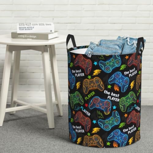 Image of Game Round Laundry Hamper Gaming Gamer Storage Basket Toys Clothes Organizer Bin For Home Bathroom Bedroom Dorm Nursery, 62l