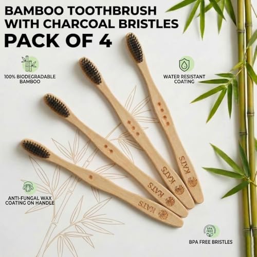 Image of KATS Organic Bamboo Toothbrush for Adults (Pack of 4), Charcoal Activated Soft Bristles, Identification Marks, Biodegradable, Anti-Bacterial, Eco-friendly, Natural, Manual
