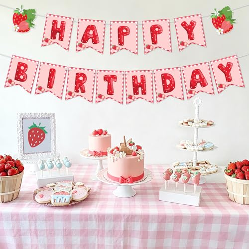Image of Strawberry Birthday Decorations Strawberry Happy Birthday Banner Summer Fruit Berry Sweet Girl Party Decoration for Kids Girls Birthday Party Baby Shower Wedding Supplies