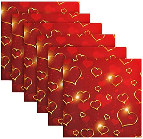 senya Valentine's Day Cloth Napkins Set of 6, Glden Red Hearts Square Premium Polyester Table Linen Napkin for Dinner Parties