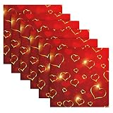 senya Valentine's Day Cloth Napkins Set of 6, Glden Red Hearts Square Premium Polyester Table Linen