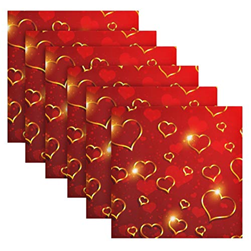 Senya Valentine's Day Cloth Napkins Set Of 6, Glden Red Hearts Square Premium Polyester Table Linen Napkin For Dinner Parties #TOP3