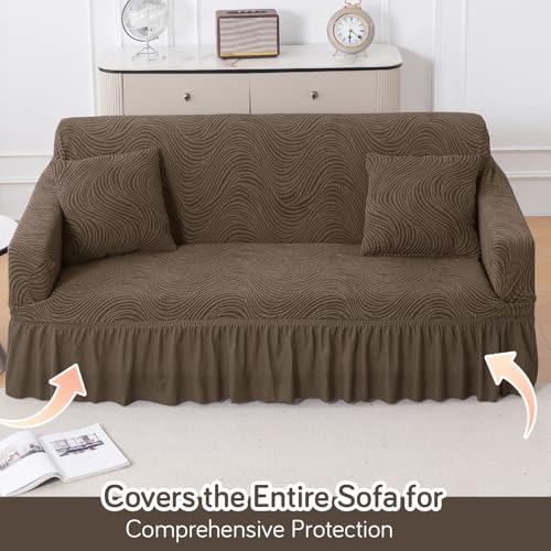Image of HOKIPO 3 Seater Sofa Cover with Frill - 240 GSM Premium Jacquard Stretchable Fully Covered Slipcover,' Serene Wave Series' Taupe Brown (NEW-AR-6354-LBR)