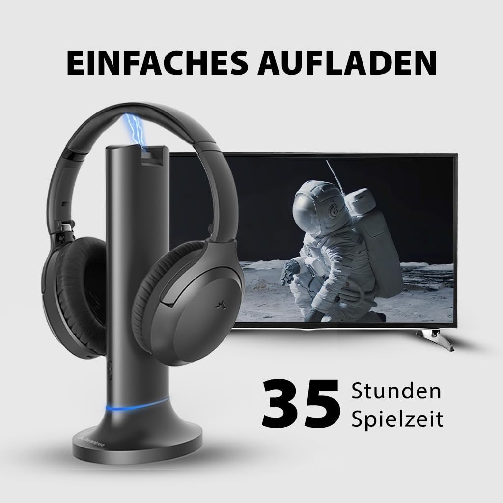 Avantree Opera – Kabellose TV Funkkopfhörer zum Fernsehen, guter Ton, Bequeme Passform für Senioren 35 Std. Bluetooth Kopfhörer, Passthrough Funktion, 50m Reichweite, Sender & Ladestation 2 in 1