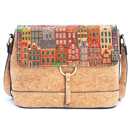 DeCarbonize Crossbody Bolso de Corcho Cuero Vegano Sostenible Mujer Bandolera, marrón, 22 cm x 16.5 cm x 2 cm