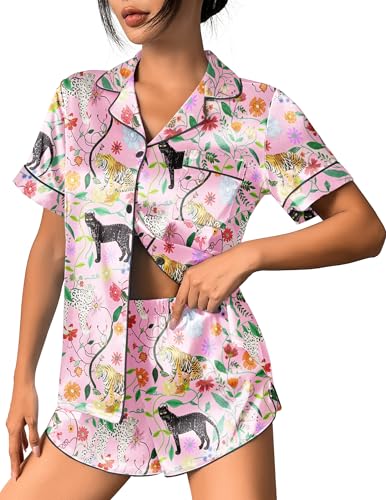 Image of Ekouaer Womens Silk Satin Pajama Set Print Short Sleeve Sleepwear Button Down Pjs Shorts Set Loungewear