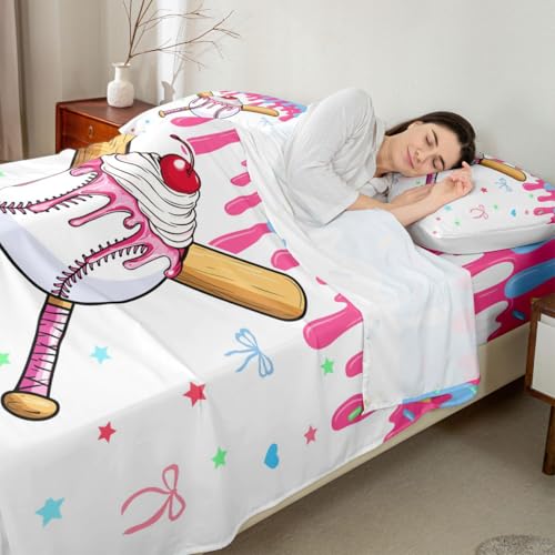 Image of Castle Fairy Baseball Cream Bed Sheets Queen Size,Ball Gaming Sweet Bowknot Bedding Set, Cute Sport Style Boys Girls Room Decor,Pink Bule White Sheet(Fitted+Flat+2 Pillowcases)