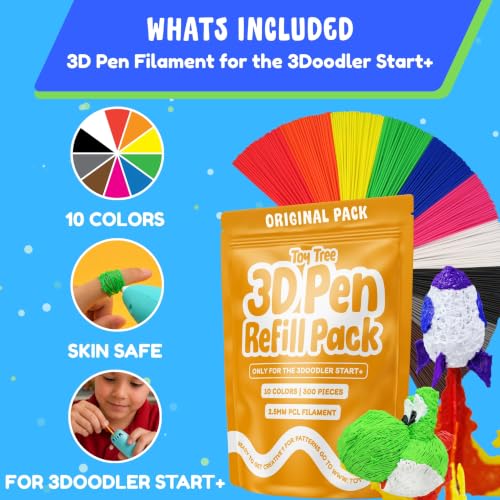 Image of Toy Tree 300 Piece 3D Pen Refill Pack | Compatible with The 3Doodler Start+ Only | 10 Vibrant Colors of Safe Low Temperature PCL Filament 2.5mm Thick | Not Compatible with Other 3D Pens | 2.5mm x 6 inch PCL Filament | 30 of each color | Low temperature & safe for kids | Only compatible with the 3Doodler Start