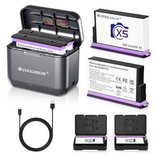 COOLSHOW 360 X5 Akku 2800mAh (2 Stück) mit Schutzhüllen & Schnellem Dual X5 Ladegerät und Aufbewahrungsbox Design für Akkus&SD Karten Kompatibel mit Insta360 X5 Kamera(2 Akkus + 1 Ladegerät)