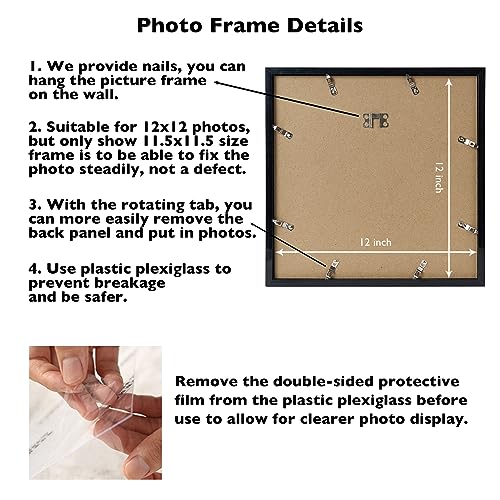 Image of JCJMY 12x12 inch Picture Frame, Horizontal and Vertical Formats for Wall Hanging, 12 x 12 Square Wall Gallery Poster Photo Frame with Shatter Resistant Plexiglass, Black