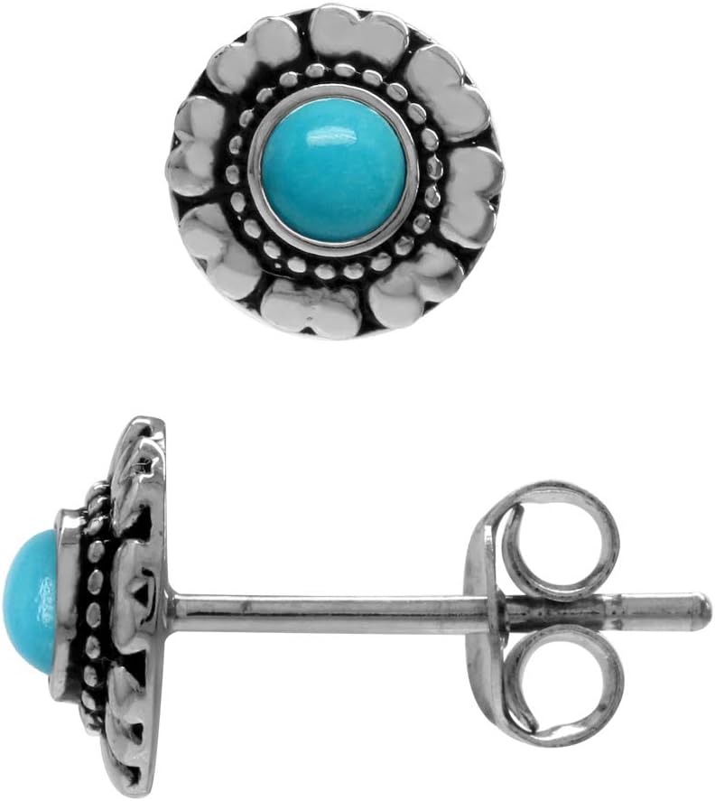 Silvershake Petite Cabochon Gemstone Antique Finishing 925 Sterling Silver Flower Stud Earrings Jewelry for Women