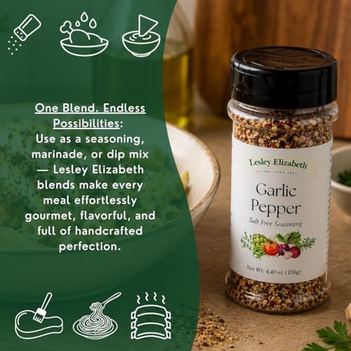 Image of Lesley Elizabeth Garlic Pepper Salt Free Seasoning - All-Natural Garlic & Black Pepper Blend | Salt-Free Spice for Chicken, Vegetables, Pasta & Gourmet Cooking