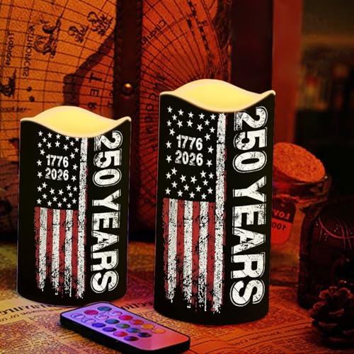 Image of American Flag Battery Operated LED Candles 1776-2026 250th Anniversary Flameless Flickering Remote Independence Day Patriotic Candle Celebratory Decor for Fireplace Porch, 4 Pack
