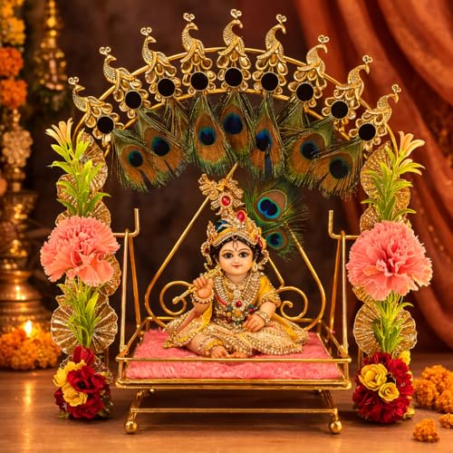 Image of AGAAS ENTERPRISES Laddu Gopal Jhula with Peacock Feather Crown - Handcrafted Metal Krishna Swing with Golden Peacock Arch & Mor Pankh for Janmashtami, Bal Gopal Palna for Home Mandir (Golden, 12 Inch)