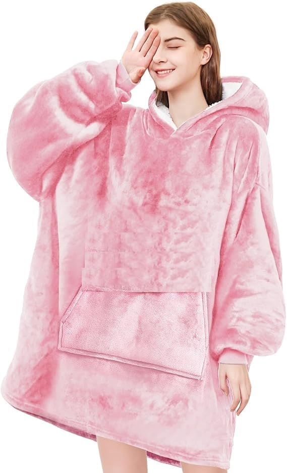 Oversized Blanket Hoodie Giant Sweatshirt Ultra Plush Fleece with Soft Sherpa Reversible Warm Comfy Wearable Hooded Throw for Girls Boys Kids Big Pocket Pink