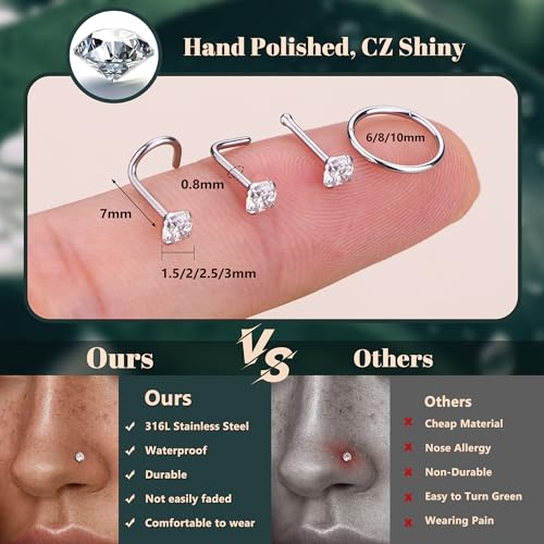 ORAZIO 18G 20G Nose Rings Studs Surgical Steel Gold/Silver Nose Rings for Women Men Hypoallergenic CZ L Shaped/Corkscrew/Straight Nose Studs Hinged Clicker Nose Rings Hoops Tiny Lip Stud Septunm Conch Ring Cartilage Earrings Body Piercing Jewelry2