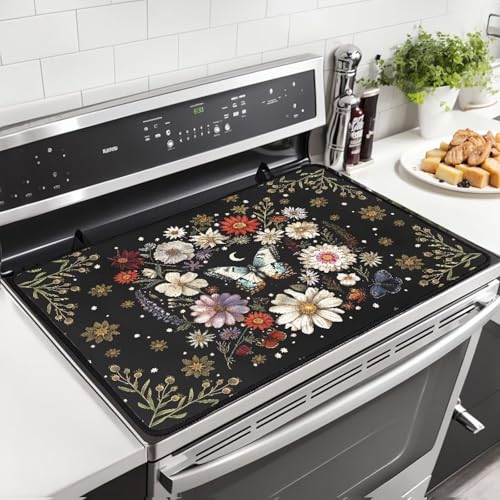 Image of Buttefly Stove Cover, Heat Resistant Silicone Stove Cover Mat, Retro Flower Gas Burners Protector, Non-slip Waterproof Mat for Glass Stovetop Protector, Heat Proof Rectangle Mat