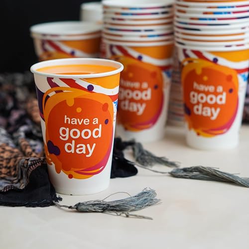 Image of PARICOTT 300ml - 200 Cups | Good Day Printed Paper Cups | Disposable Use & Throw Glasses for Tea, Coffee, Juice, Water, Wine, Cocktail, Party, Events, Wedding, Travel - Eco-Friendly
