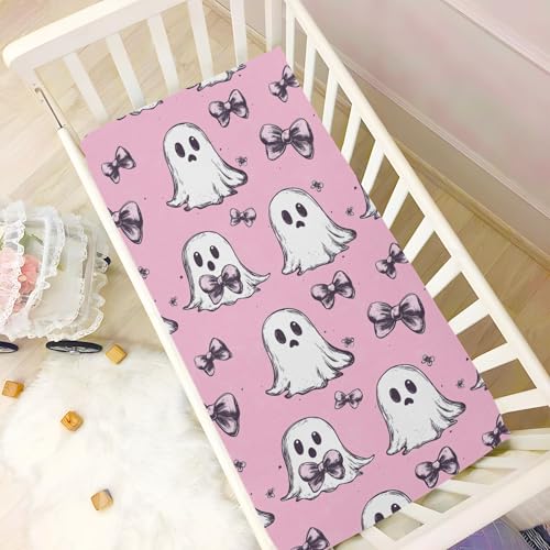 Image of Caikeny Fitted Crib Sheet for Boys Girls Cute Ghost Coquette Bows Halloween Flowers Baby Crib Sheets Bassinet Sheets Crib Mattress Bed Sheets for Toddler Newborn Infant 27 x 39 in