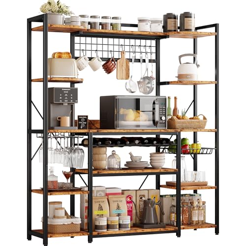 IRONCK Large Bakers Rack with Power Outlet, 62 Inch Wide Microwave Stand, Coffee Bar with Storage, Kitchen Racks and Shelves, Vintage Brown