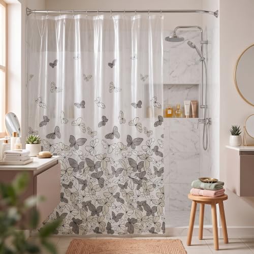 Image of Wakefit PEVA Plastic Printed Shower Curtain 7 Feet | 12 Free Hooks | No Smell, Toxin Free PEVA Plastic | Waterproof Bathroom Curtain | Curtain for Balcony | Height 7ft & Width 6ft | Butterfly Black