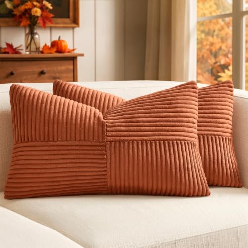 Image of MIULEE Burnt Orange Decorative Lumbar Throw Pillow Covers 12x20 Inch for Couch Bed Sofa Pack of 2 Boho Fall Farmhouse Throw Pillows Soft Cross Corduroy Patchwork Textured Cushion Cases