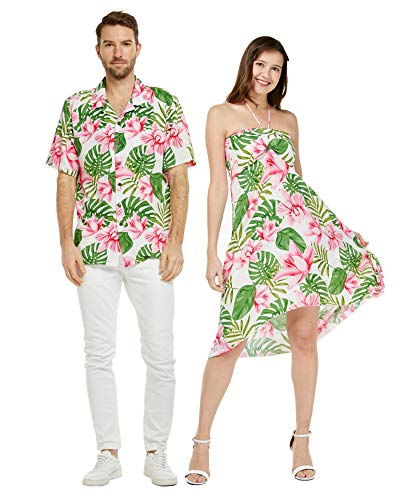 Couple Matching Hawaiian Luau Party Outfit Set Shirt Dress in Cream Rafelsia